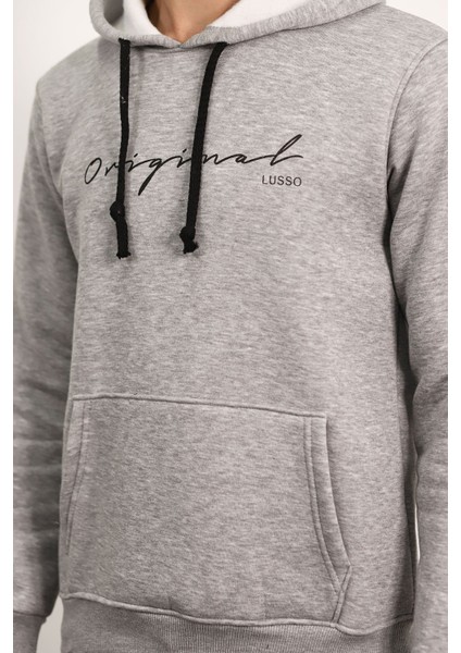 Gri Kapüşonlu Baskılı Sweat