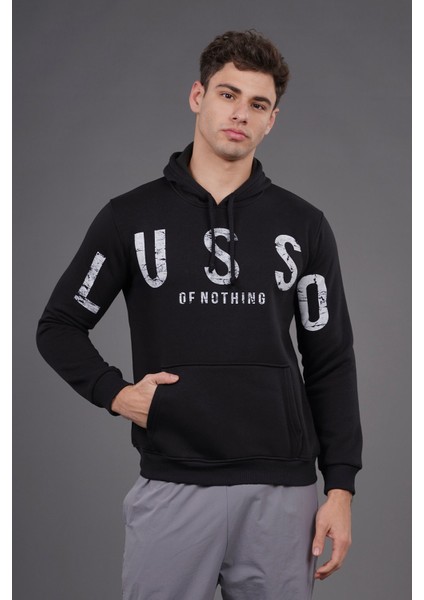 Siyah Kapüşonlu Baskılı Sweat