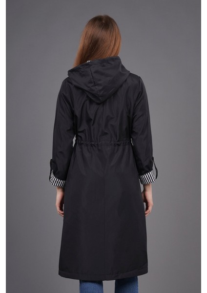 Siyah Bel Büzgülü Trenchcoat