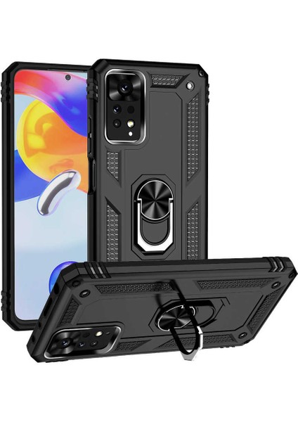 Xiaomi Redmi Note 11 Global Kılıf Vega Tank Standlı Yüzüklü Mıknatıslı+Nano Glass Siyah