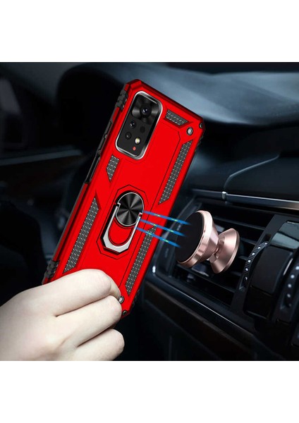Xiaomi Redmi Note 11 Global Kılıf Vega Tank Standlı Yüzüklü Mıknatıslı+Nano Glass Siyah