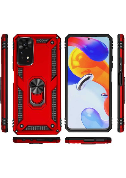 Xiaomi Redmi Note 11 Global Kılıf Vega Tank Standlı Yüzüklü Mıknatıslı+Nano Glass Siyah