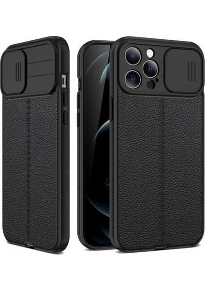 Apple iPhone 13 Pro Max Kılıf Kamera Sürgülü Deri Dokulu Mat Silikon+Nano Glass Koruyucu Siyah