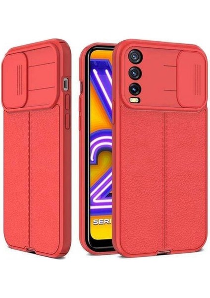Vivo Y20S Kılıf Kamera Sürgülü Deri Dokulu Mat Silikon+Nano Glass Koruyucu Kırmızı
