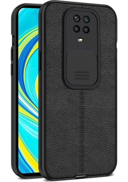 Xiaomi Redmi Note 9s Kılıf Kamera Sürgülü Deri Dokulu Mat Silikon Siyah