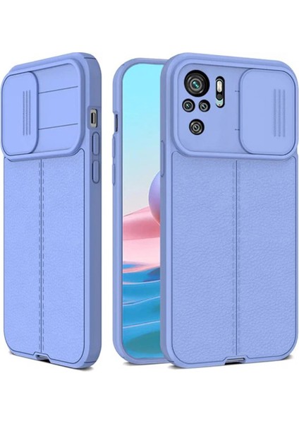 Xiaomi Redmi Note 10 Kılıf Kamera Sürgülü Deri Dokulu Mat Silikon Mor