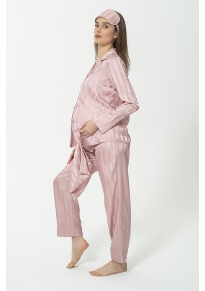 For You Mama 5'li Saten Gül Kurusu Çizgili Pembe Pijama Takımı S26823