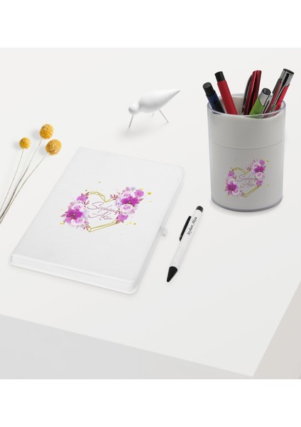 Gift Kişiye Özel Çiçek Tasarımlı Beyaz Defter Kalem ve Kalemlik Hediye Seti - Model 3