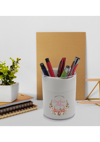 Gift Kişiye Özel Çiçek Tasarımlı Beyaz Defter Kalem ve Kalemlik Hediye Seti - Model 23