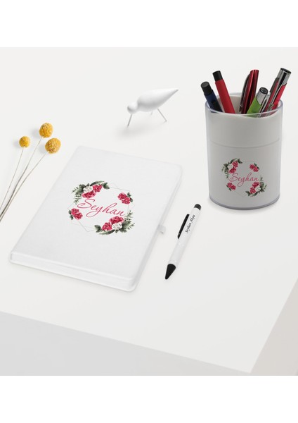 Gift Kişiye Özel Çiçek Tasarımlı Beyaz Defter Kalem ve Kalemlik Hediye Seti - Model 15