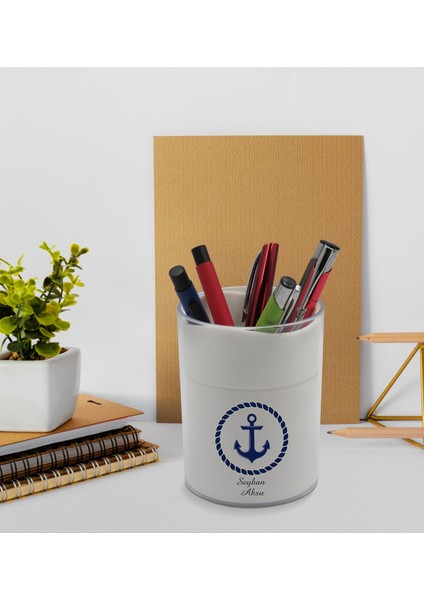 Gift Kişiye Özel Çapa Tasarımlı Beyaz Defter Kalem ve Kalemlik Hediye Seti - Model 1