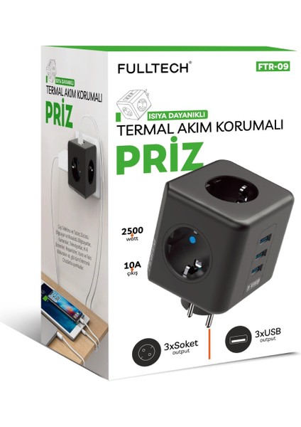 Termal Akım Korumalı Isıya Dayanıklı 3'lü Duvar Tipi Priz 3x USB