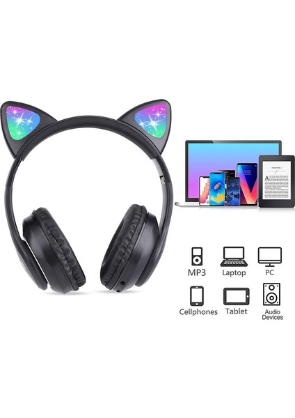 Kedi Kulaklı Bluetooth Kablosuz Renkli Işıklı Rgb Çocuk Oyuncu Kulaklık Radyo Hafıza Kartı Aux Girişli STN-028