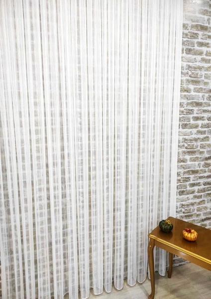 Çizgili Kullanıma Hazır 1/2 Seyrek Pile Tül Perde Tek Kanat - Ekru 340 x 260 cm