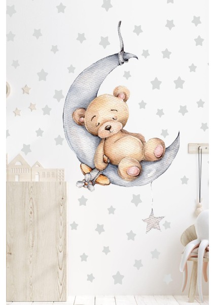 Ayda Uyuyan Sevimli Ayıcık ve Gri Yıldızlar Çocuk Bebek Odası Sticker Seti