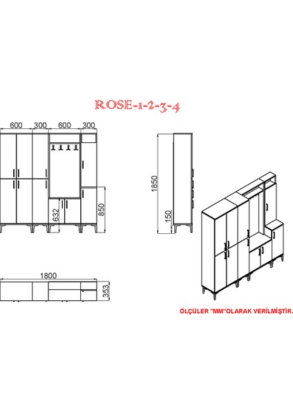 Rose-1-2-3-4 RS07 Portmanto Vestiyer Ayakkabılık