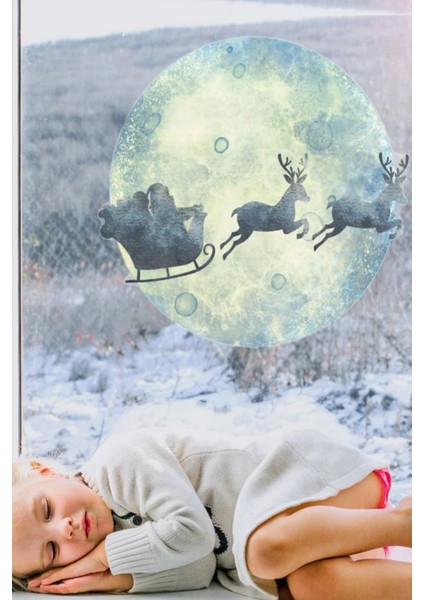 Yılbaşı Kış Konseptli Ayda Kızakta Noel Baba ve Geyikleri Cam Duvar Kapı Sticker