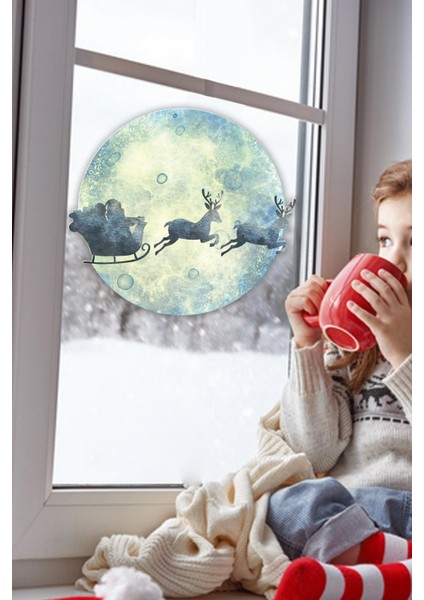 Yılbaşı Kış Konseptli Ayda Kızakta Noel Baba ve Geyikleri Cam Duvar Kapı Sticker fiyatları