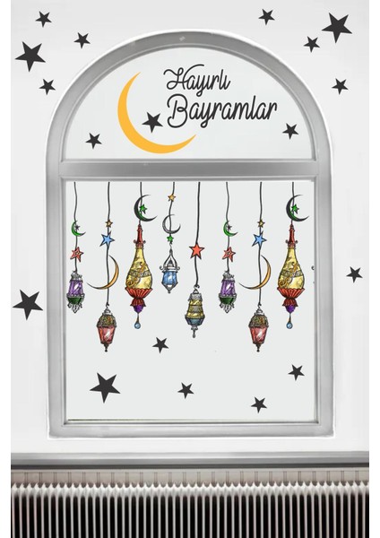 Hayırlı Bayramlar Renkli Fener Sarkıt Cam Duvar Dekorasyon Sticker Seti fiyatları