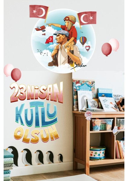 23 Nisan Atatürk ve Çocuk Okul Kreş Cam Duvar Süslemesi Stiker Seti