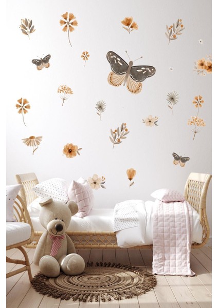 Vintage Kelebek ve Çiçekler Çocuk Bebek Odası Sticker Seti