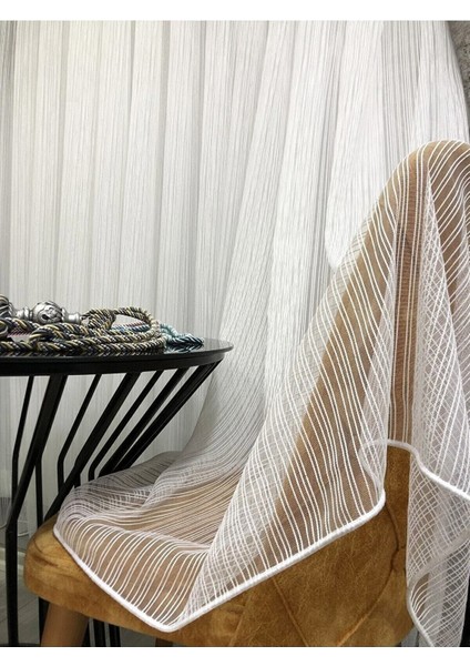 Çizgili Kullanıma Hazır 1/3 Sık Pile Tül Perde Tek Kanat - Ekru 100 x 260 cm