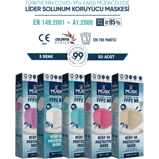 Musk KF94 Kore Tipi Ffp2 Maske 5 Renk 50 Adet (Lila, Beyaz, Turkuaz, Pembe, Krem)
