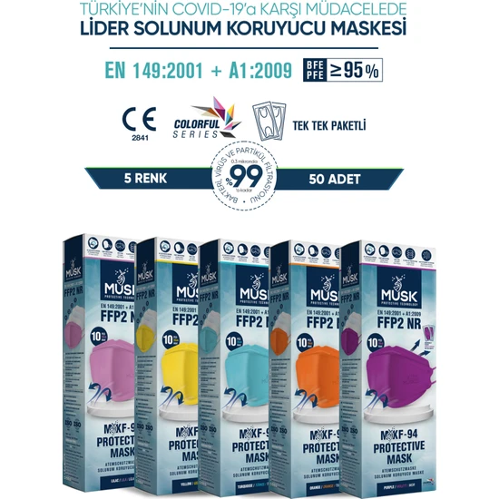 Musk KF94 Kore Tipi N95 Maske 5 Renk 50 Adet (Lila, Sarı, Turkuaz, Turuncu, Mor)
