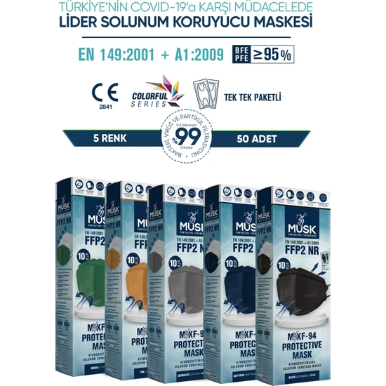 Musk KF94 Kore Tipi N95 Maske 5 Renk 50 Adet (Gri, Taba, Siyah, Lacivert, Yeşil)