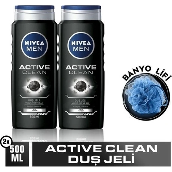 Nivea Men Active Clean Vücut Yüz ve Saç Duş Jeli 2 x 500 ml + Banyo Lifi