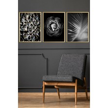 Linacci Üçlü Gold Alüminyum Camlı Çerçeveli Siyah Beyaz Tablo Poster Seti