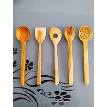 Ncy Home El Yapımı Ahşap Kiraz Ağacı Spatula Kaşık  Seti Zeytin Desenli 5'li 30 cm