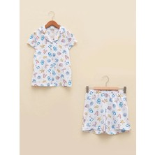 LC Waikiki Gömlek Yaka Baskılı Kısa Kollu Organik Pamuklu Kız Çocuk Şortlu Pijama Takımı