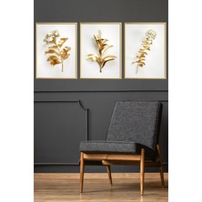 Linacci Üçlü Gold Alüminyum Altın Çiçekli Camlı Çerçeveli  Tablo Poster Seti