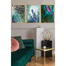 Linacci Üçlü Gold Alüminyum Çerçeveli Tavuz Kuşu Camlı Tablo Poster Set