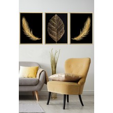 Linacci Üçlü Gold Alüminyum Çerçeveli Siyah Altın Tüy Camlı Tablo Poster Seti