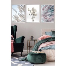 Linacci Üçlü Gümüş Alüminyum Çerçeveli Beyaz Çiçek Camlı Tablo Poster Seti