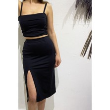 Due Stelle Likralı Jarse Önden Yırtmaçlı Siyah Etek