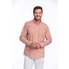 Hatemoğlu Erkek Kiremit Comfort Fit %100 Pamuk Uzun Kollu Çizgili Gömlek