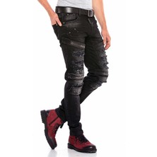Cipo & Baxx CD555 Siyah Yırtık Slim Cırtcırtlı Rock Kot Pantolon