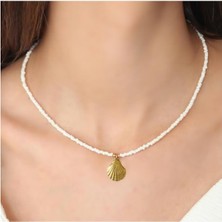 BijuStore İnci Beyazı Kesme Sedef Doğal Taş Kadın Altın Kaplama İstiridye Kolye