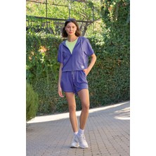 Monamise 22077 Kadın Mor 3'lü Eşofman Kapüşonlu Şort Takım