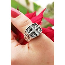 Fildişi Aksesuar Antik Gümüş Kaplama Pusula Şekilli El Yapımı Ayarlanabilir Erkek Yüzük