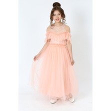 Asortix Kız Çocuk Tül Kumaş Işlemeli Astarlı Kolsuz Uzun Gece Parti Mezuniyet Zarif Abiye Elbise