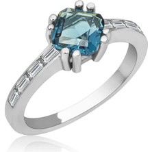 Gumush Gümüş Mavi Baget Tek Taş Kadın Yüzük