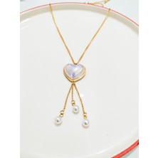 Hg.Aksesuar Kadın Kalp Detaylı Sedef Taşlı Çelik Kolye