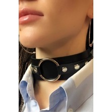 Sweet Demon Kadın Halka Detaylı Ayarlı Geniş Şerit Şık Deri Choker Boyun Aksesuar Siyah