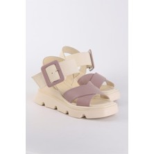 Nilufarr Linda Bej Hakiki Deri Kalın Tabanlı Sandalet