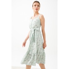 Ekol Kadın Kalın Askılı Desenli Midi Elbise 6054110 Yeşil