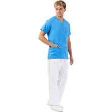 Wio Uniform Koton Serisi Erkek Turkuaz Beyaz Basic Doktor, Hemşire Forma Takım